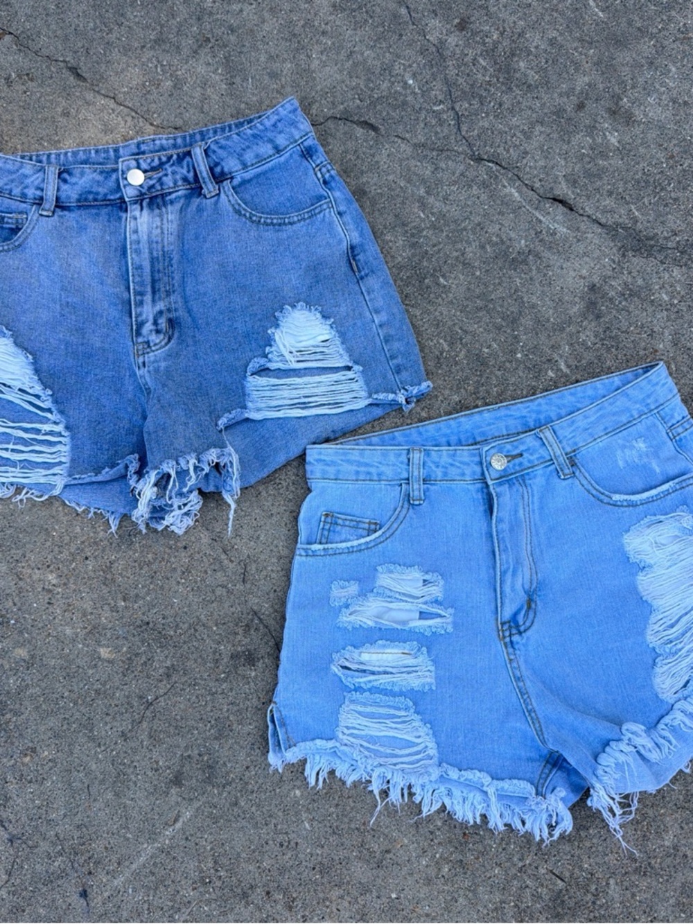 Distressed High-Waist Denim Shorts Duo - Light & Dark Blue